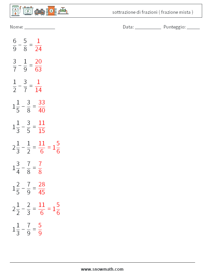 (10) sottrazione di frazioni ( frazione mista ) Fogli di lavoro di matematica 5 Domanda, Risposta