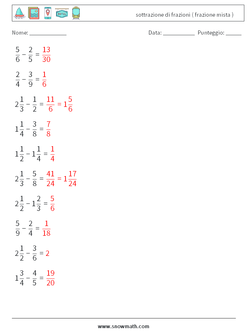 (10) sottrazione di frazioni ( frazione mista ) Fogli di lavoro di matematica 6 Domanda, Risposta