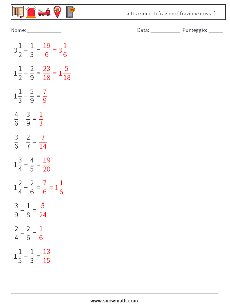 (10) sottrazione di frazioni ( frazione mista ) Fogli di lavoro di matematica 7 Domanda, Risposta