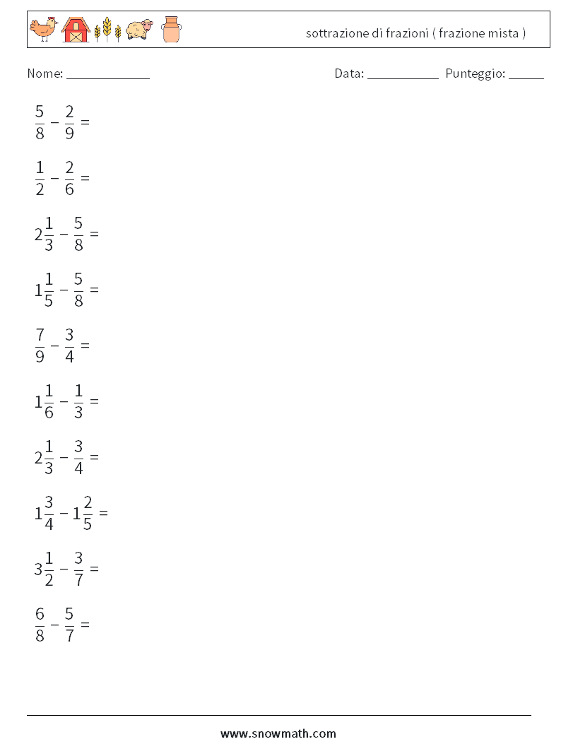 (10) sottrazione di frazioni ( frazione mista ) Fogli di lavoro di matematica 8