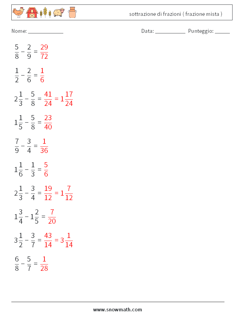 (10) sottrazione di frazioni ( frazione mista ) Fogli di lavoro di matematica 8 Domanda, Risposta