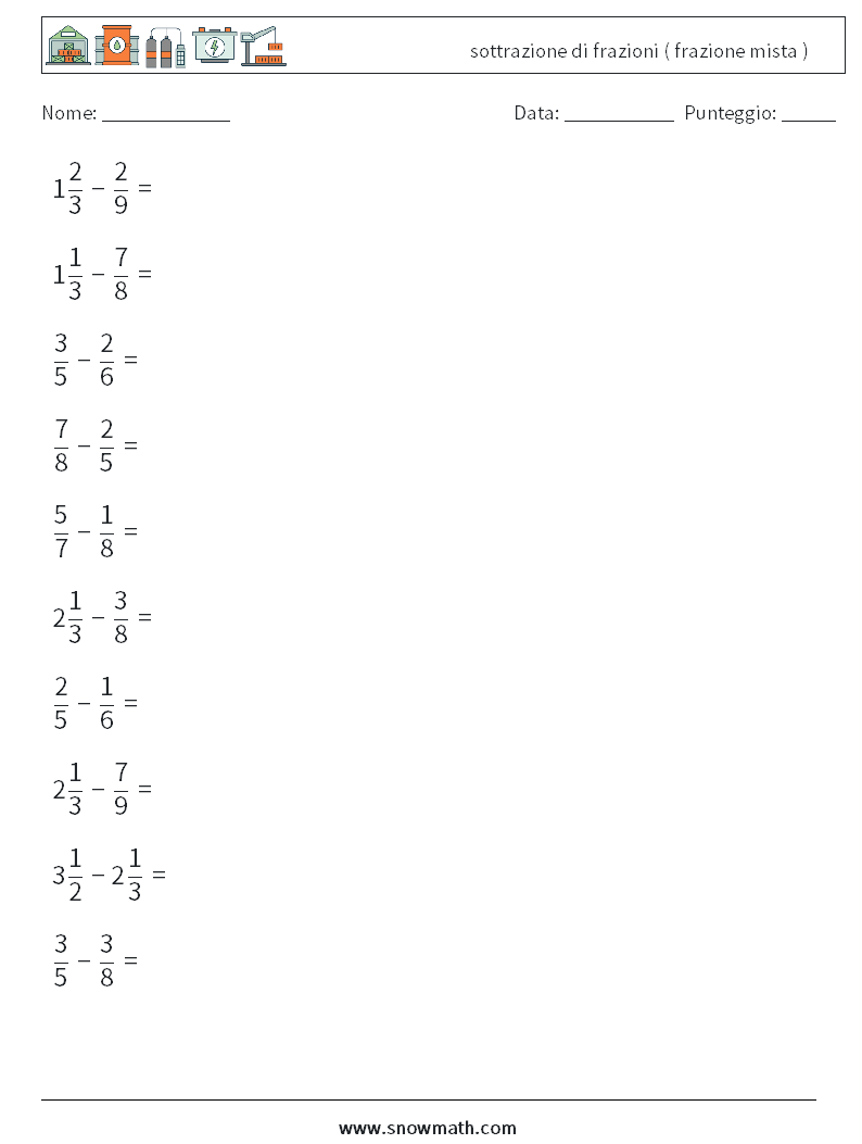 (10) sottrazione di frazioni ( frazione mista ) Fogli di lavoro di matematica 9