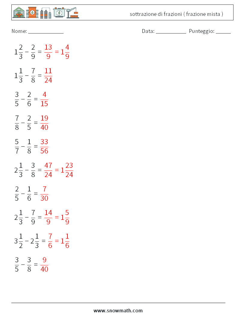 (10) sottrazione di frazioni ( frazione mista ) Fogli di lavoro di matematica 9 Domanda, Risposta