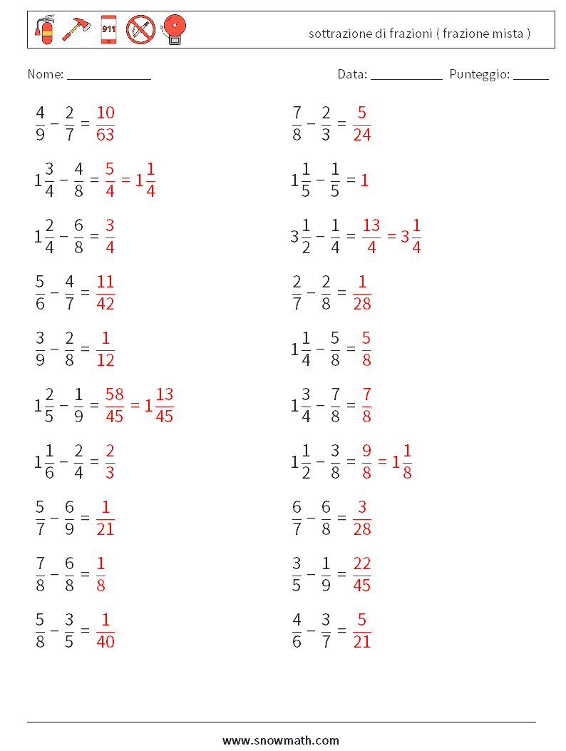 (20) sottrazione di frazioni ( frazione mista ) Fogli di lavoro di matematica 10 Domanda, Risposta
