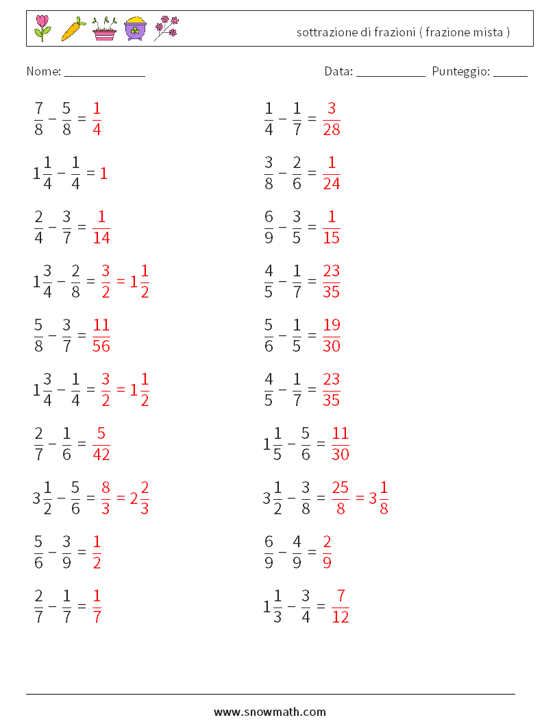 (20) sottrazione di frazioni ( frazione mista ) Fogli di lavoro di matematica 11 Domanda, Risposta