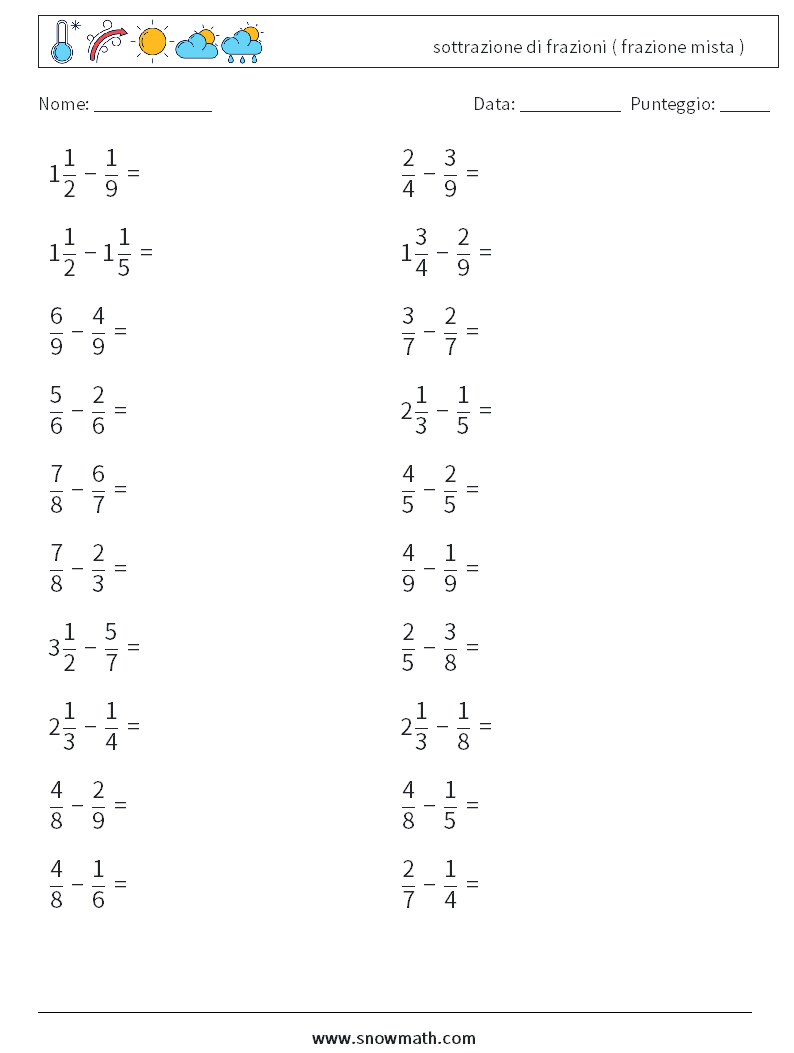 (20) sottrazione di frazioni ( frazione mista ) Fogli di lavoro di matematica 12