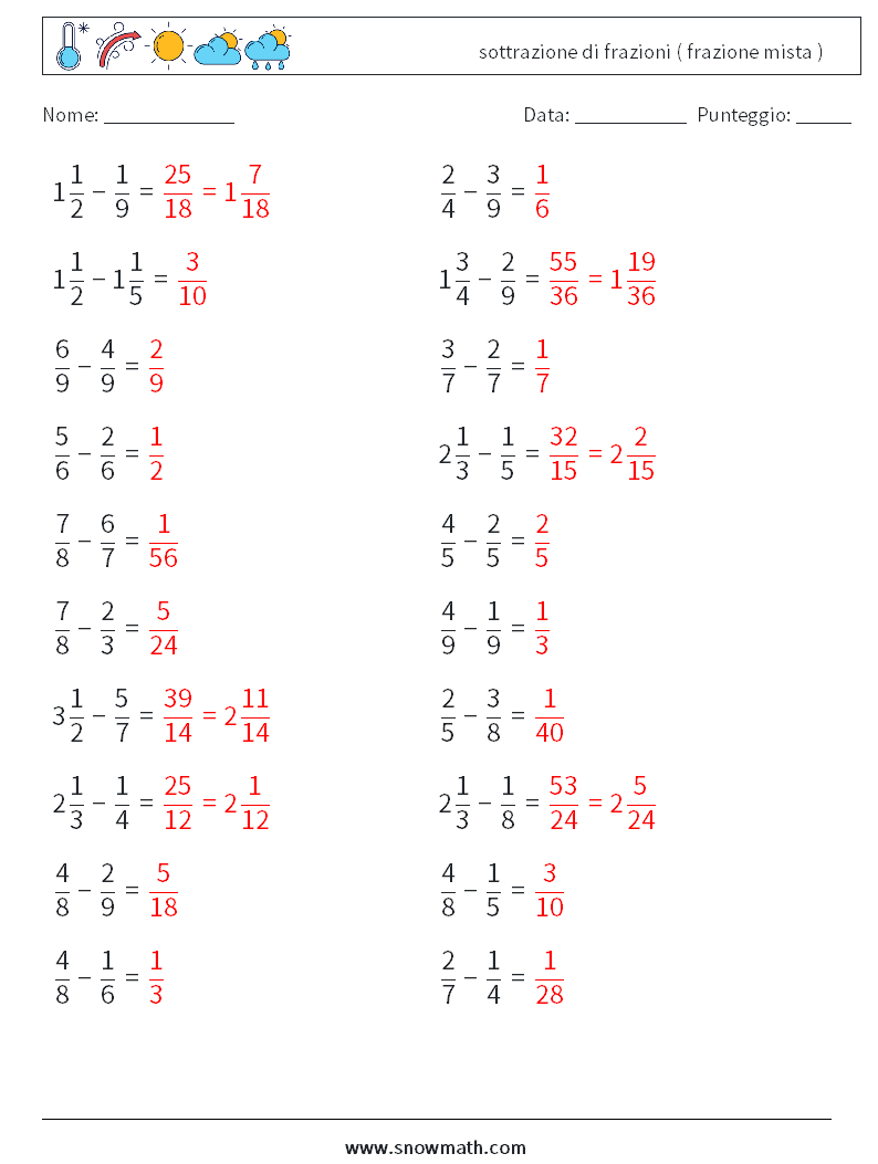 (20) sottrazione di frazioni ( frazione mista ) Fogli di lavoro di matematica 12 Domanda, Risposta