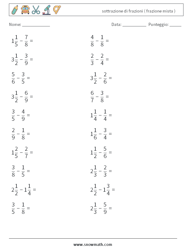 (20) sottrazione di frazioni ( frazione mista ) Fogli di lavoro di matematica 13