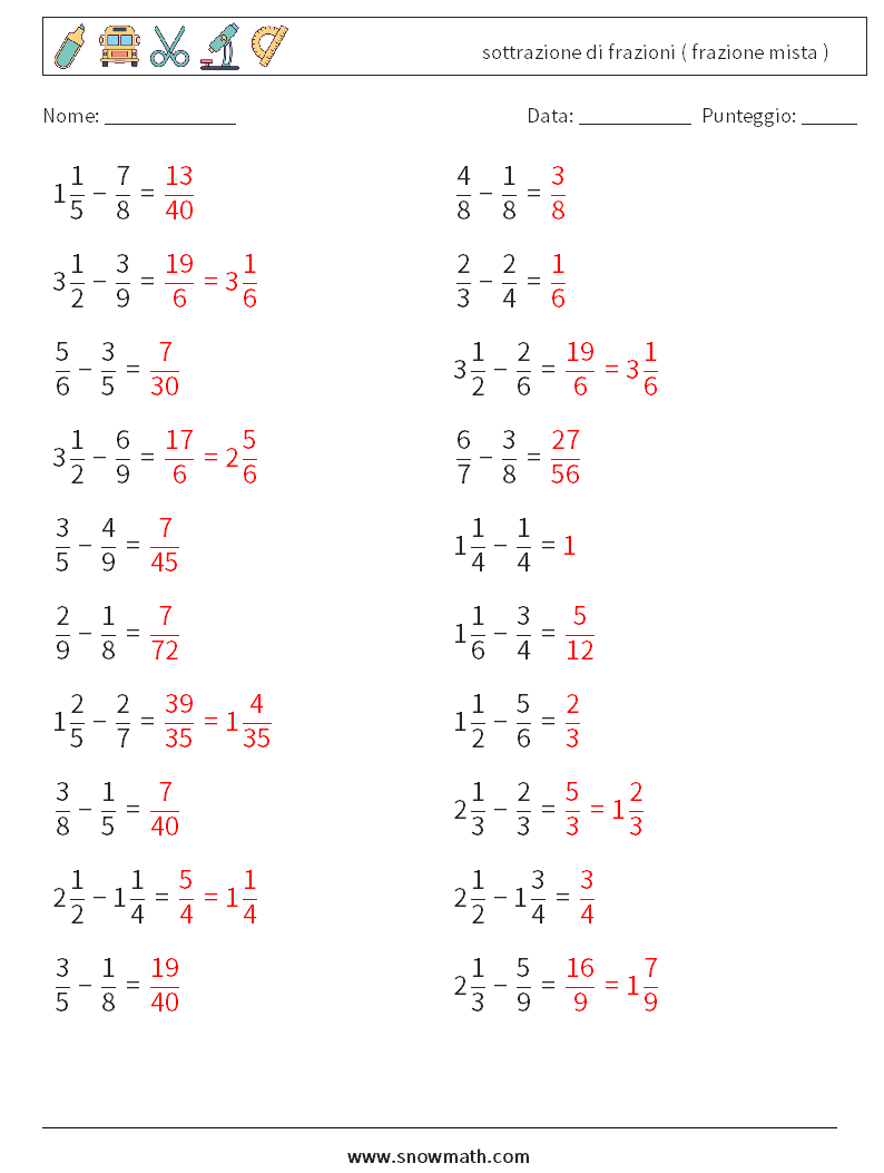 (20) sottrazione di frazioni ( frazione mista ) Fogli di lavoro di matematica 13 Domanda, Risposta