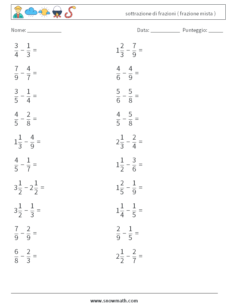 (20) sottrazione di frazioni ( frazione mista ) Fogli di lavoro di matematica 14