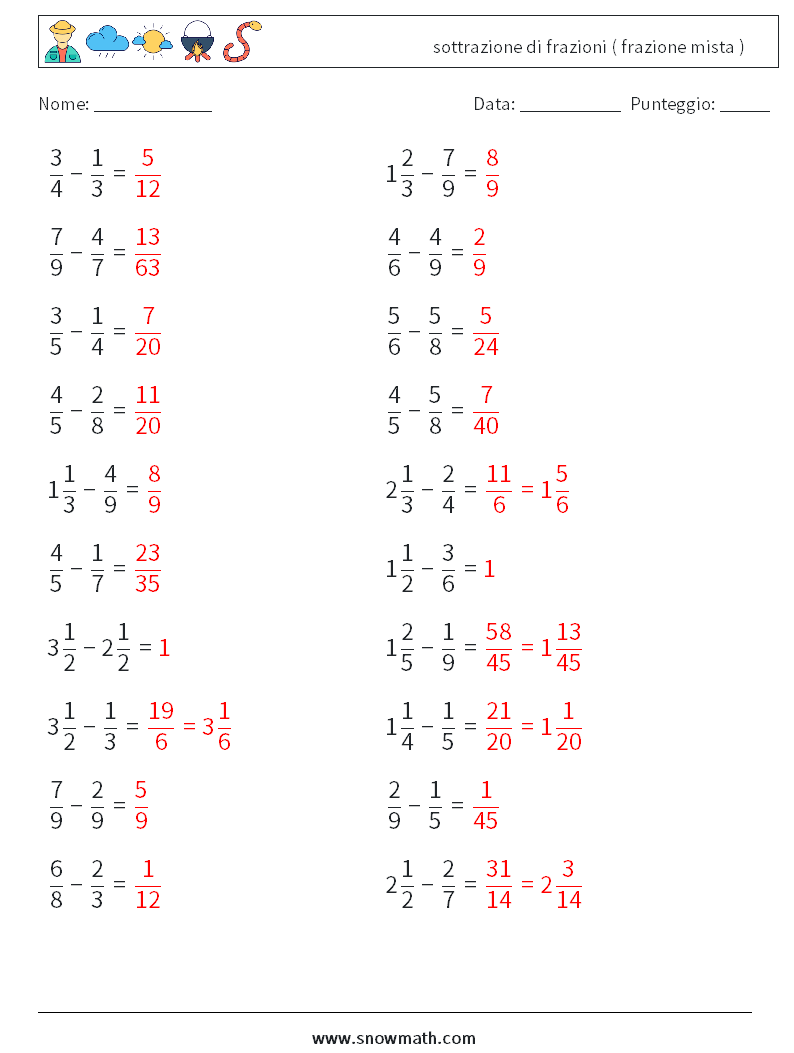 (20) sottrazione di frazioni ( frazione mista ) Fogli di lavoro di matematica 14 Domanda, Risposta