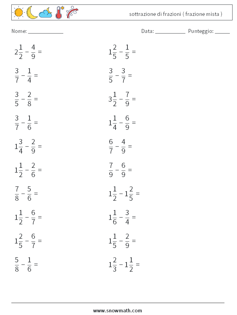 (20) sottrazione di frazioni ( frazione mista ) Fogli di lavoro di matematica 15