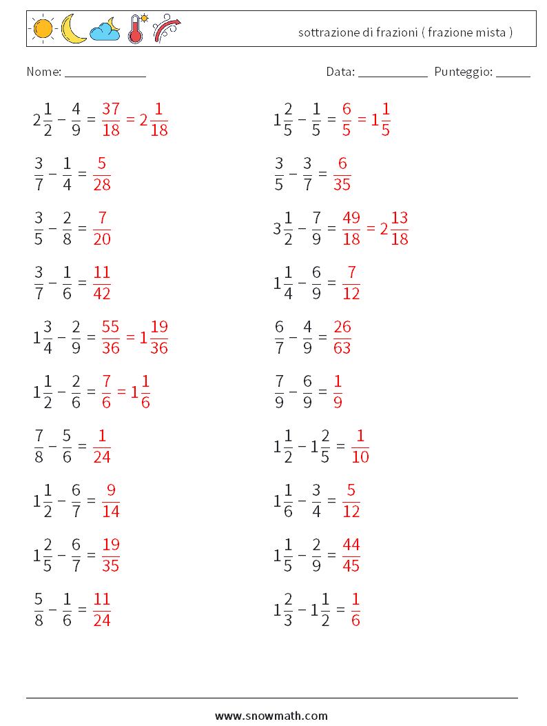 (20) sottrazione di frazioni ( frazione mista ) Fogli di lavoro di matematica 15 Domanda, Risposta