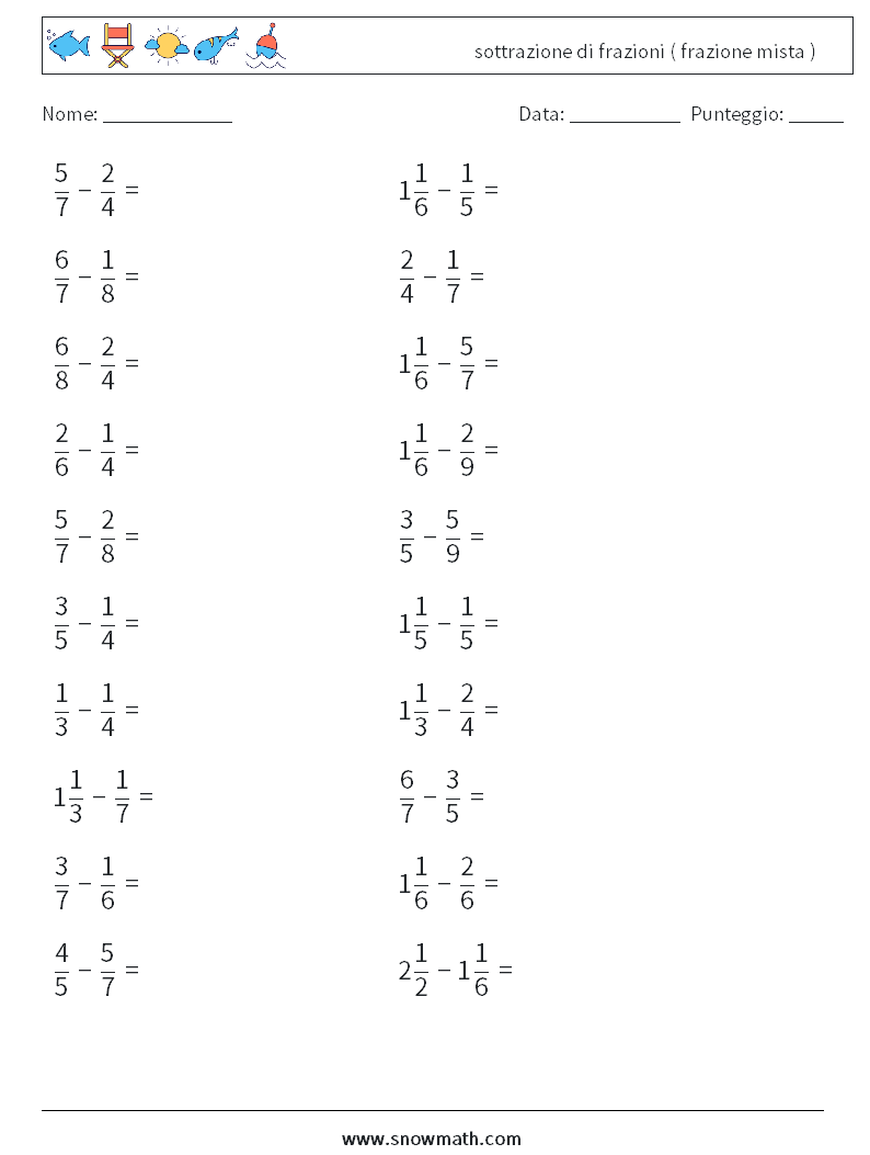 (20) sottrazione di frazioni ( frazione mista ) Fogli di lavoro di matematica 16