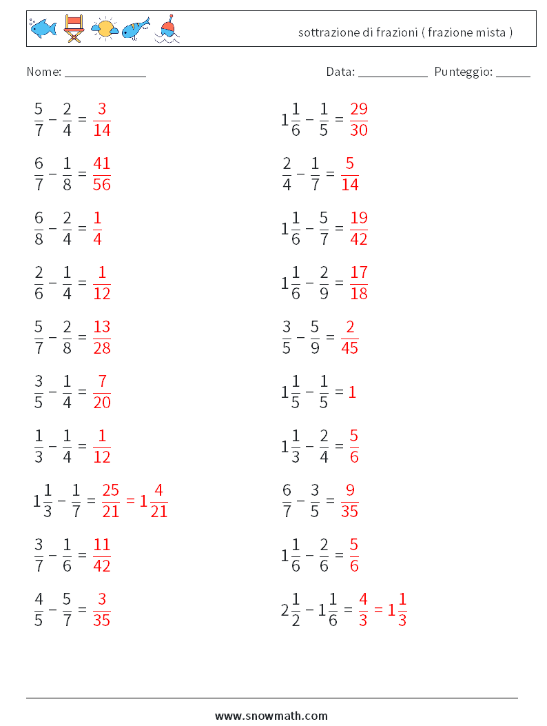 (20) sottrazione di frazioni ( frazione mista ) Fogli di lavoro di matematica 16 Domanda, Risposta