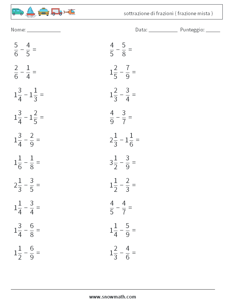 (20) sottrazione di frazioni ( frazione mista ) Fogli di lavoro di matematica 17