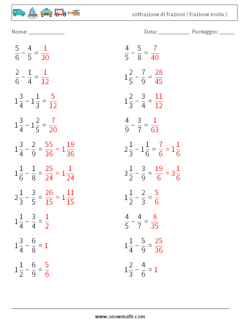 (20) sottrazione di frazioni ( frazione mista ) Fogli di lavoro di matematica 17 Domanda, Risposta