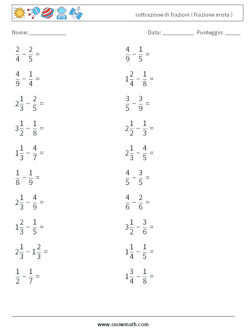 (20) sottrazione di frazioni ( frazione mista ) Fogli di lavoro di matematica 18