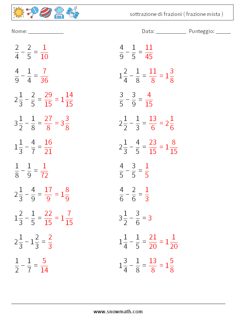 (20) sottrazione di frazioni ( frazione mista ) Fogli di lavoro di matematica 18 Domanda, Risposta