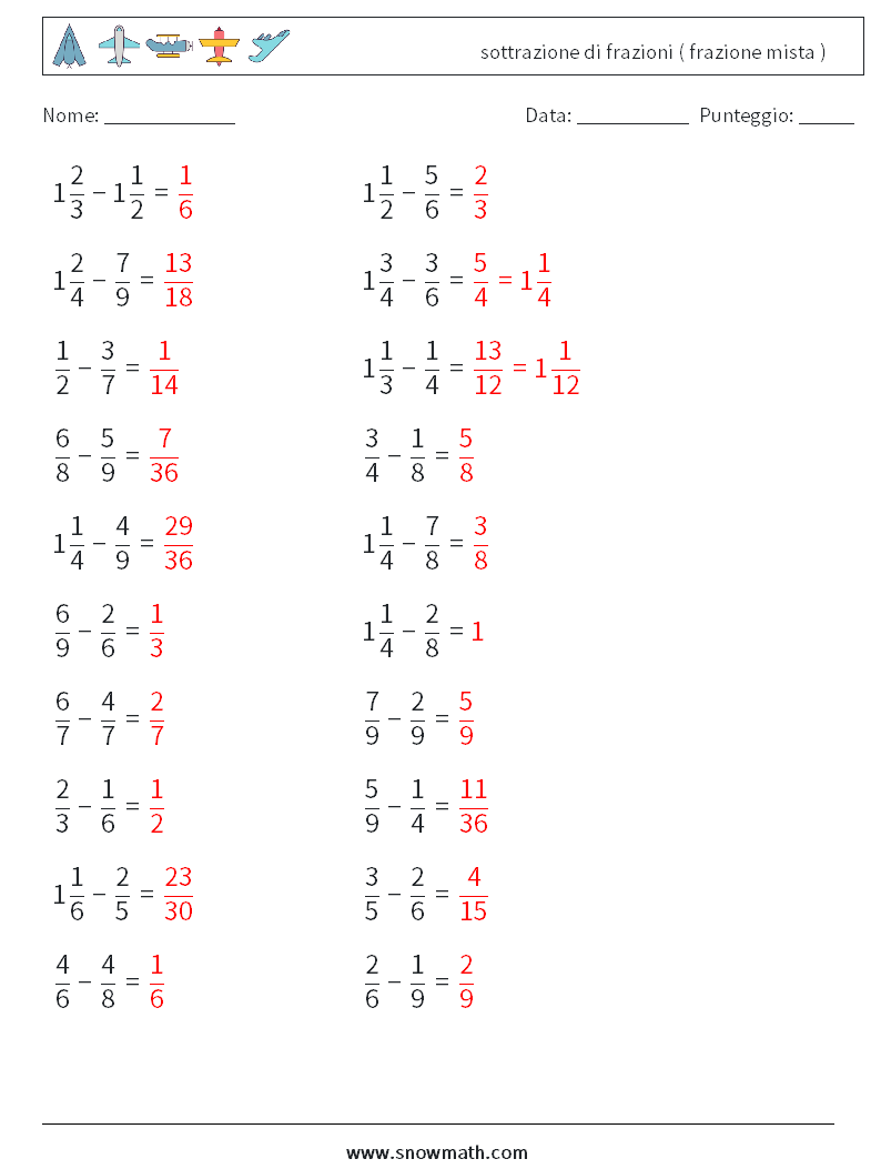 (20) sottrazione di frazioni ( frazione mista ) Fogli di lavoro di matematica 1 Domanda, Risposta
