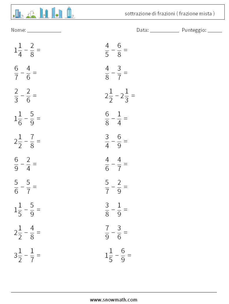 (20) sottrazione di frazioni ( frazione mista ) Fogli di lavoro di matematica 2