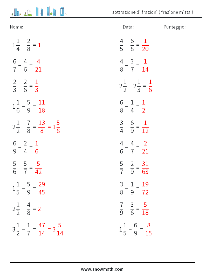 (20) sottrazione di frazioni ( frazione mista ) Fogli di lavoro di matematica 2 Domanda, Risposta