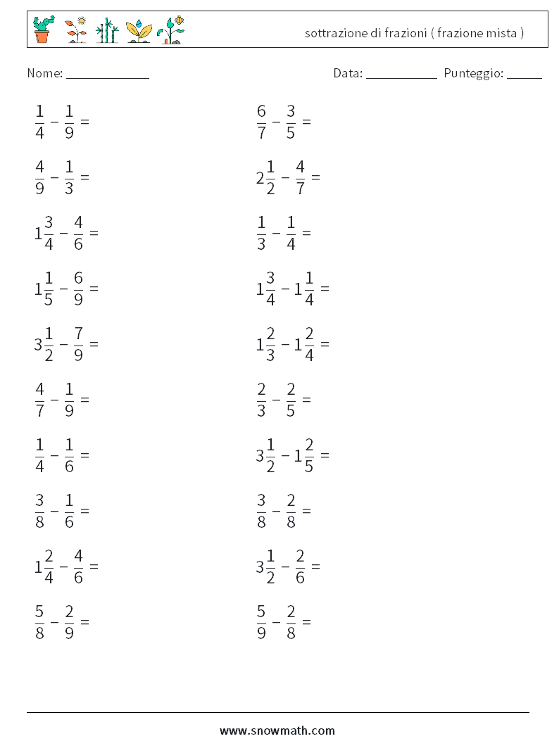 (20) sottrazione di frazioni ( frazione mista ) Fogli di lavoro di matematica 3