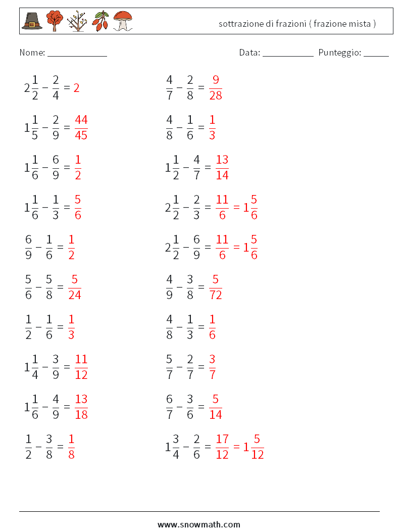(20) sottrazione di frazioni ( frazione mista ) Fogli di lavoro di matematica 4 Domanda, Risposta