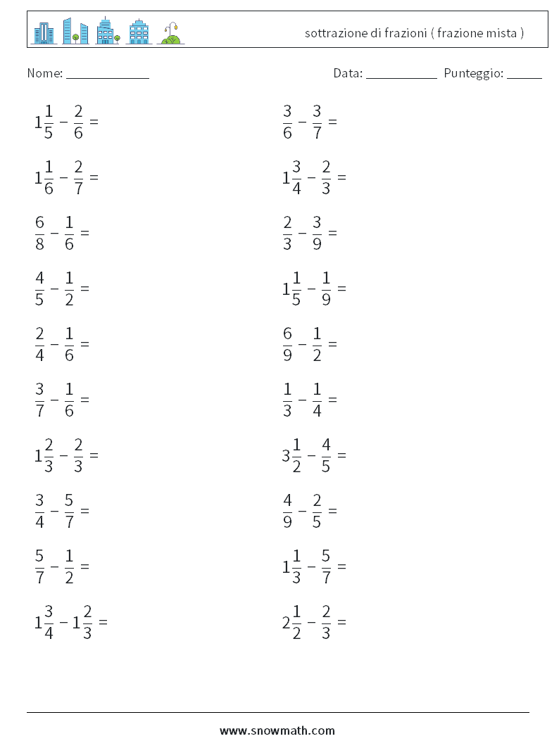 (20) sottrazione di frazioni ( frazione mista ) Fogli di lavoro di matematica 5