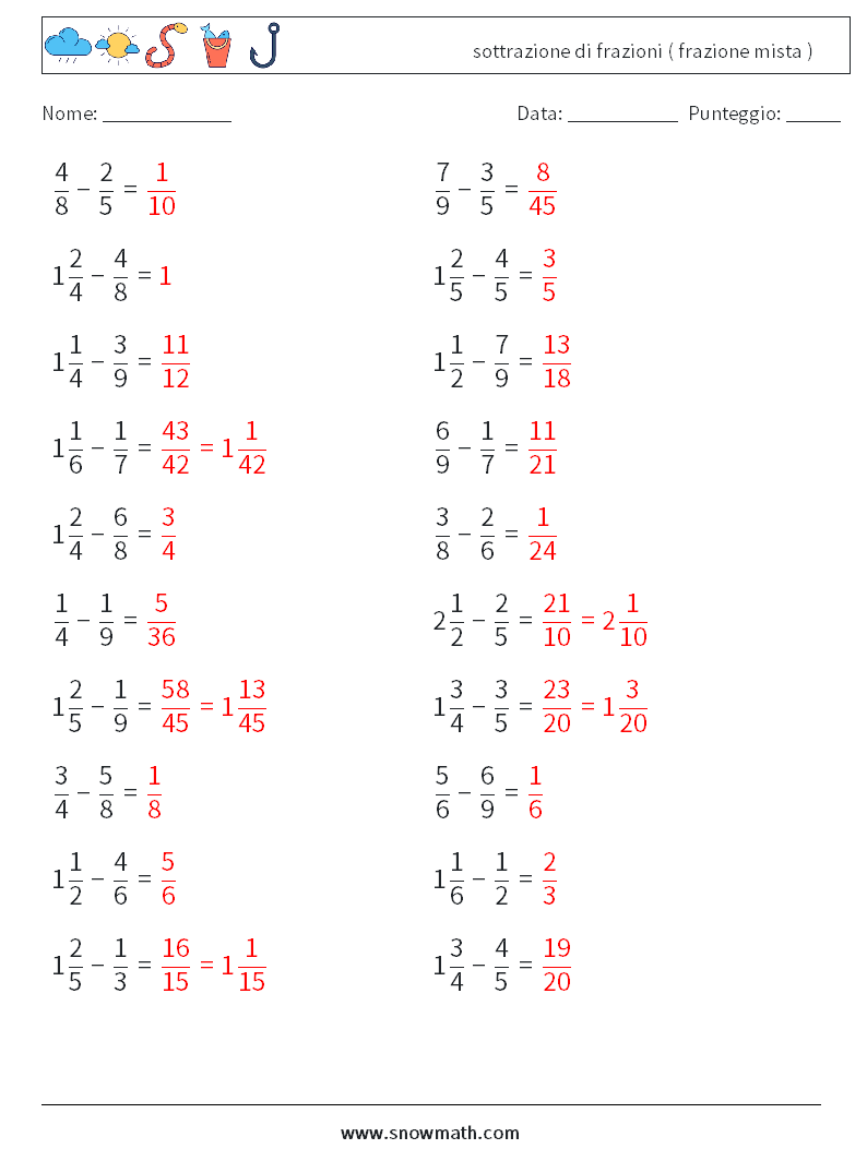 (20) sottrazione di frazioni ( frazione mista ) Fogli di lavoro di matematica 6 Domanda, Risposta
