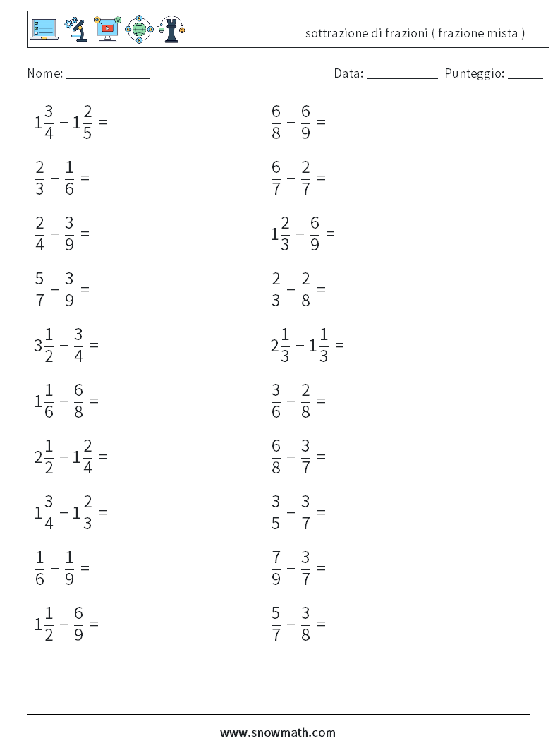(20) sottrazione di frazioni ( frazione mista ) Fogli di lavoro di matematica 7