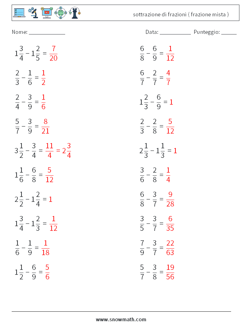 (20) sottrazione di frazioni ( frazione mista ) Fogli di lavoro di matematica 7 Domanda, Risposta