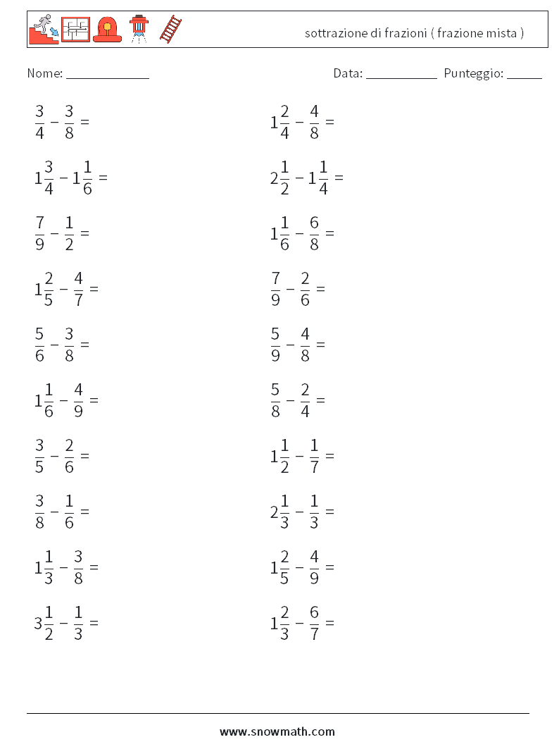(20) sottrazione di frazioni ( frazione mista ) Fogli di lavoro di matematica 8