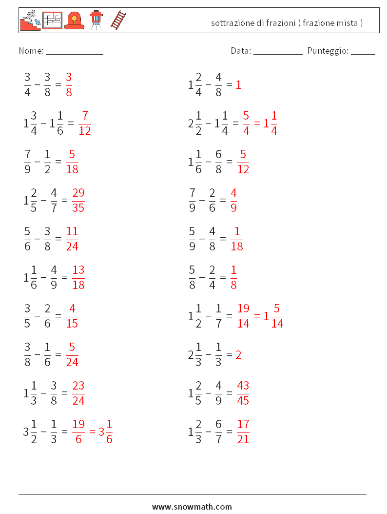 (20) sottrazione di frazioni ( frazione mista ) Fogli di lavoro di matematica 8 Domanda, Risposta