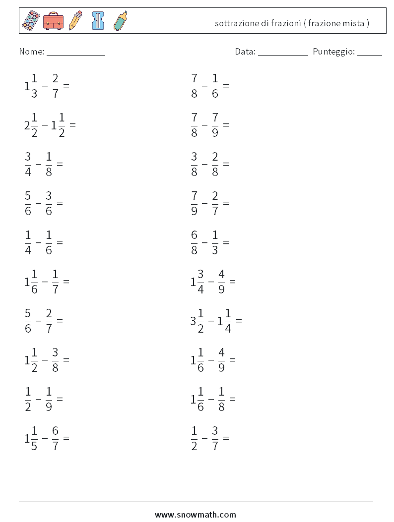 (20) sottrazione di frazioni ( frazione mista ) Fogli di lavoro di matematica 9