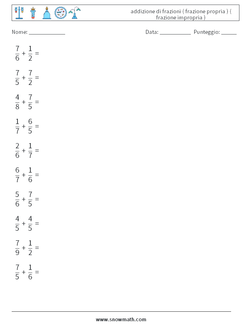 (10) addizione di frazioni ( frazione propria ) ( frazione impropria ) Fogli di lavoro di matematica 13