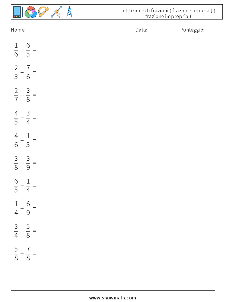 (10) addizione di frazioni ( frazione propria ) ( frazione impropria ) Fogli di lavoro di matematica 14