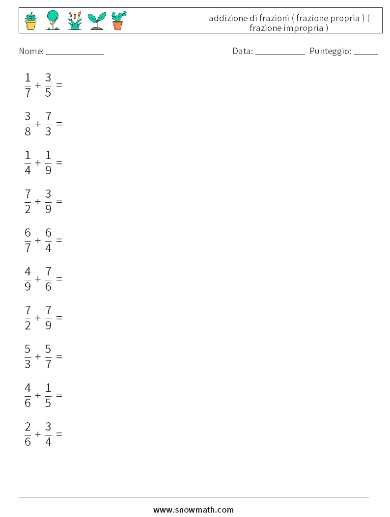 (10) addizione di frazioni ( frazione propria ) ( frazione impropria ) Fogli di lavoro di matematica 15
