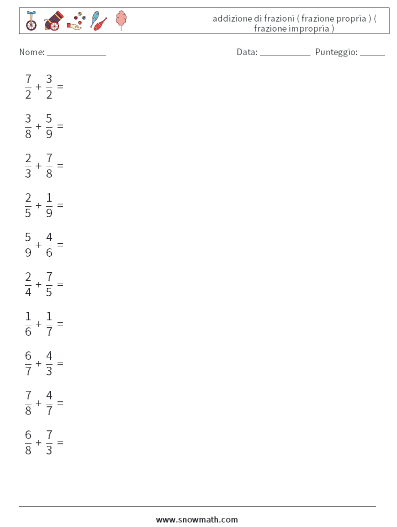 (10) addizione di frazioni ( frazione propria ) ( frazione impropria ) Fogli di lavoro di matematica 16
