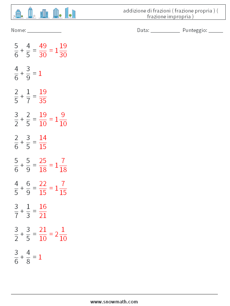(10) addizione di frazioni ( frazione propria ) ( frazione impropria ) Fogli di lavoro di matematica 1 Domanda, Risposta