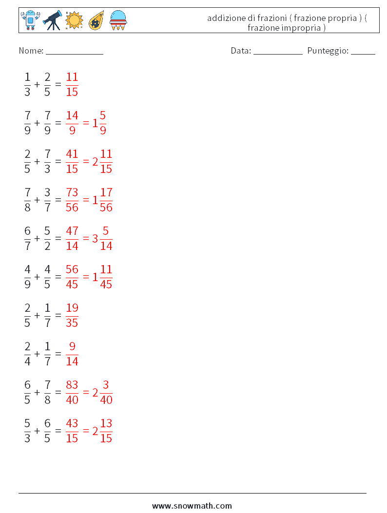 (10) addizione di frazioni ( frazione propria ) ( frazione impropria ) Fogli di lavoro di matematica 2 Domanda, Risposta