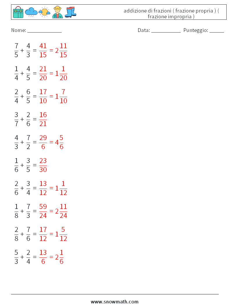 (10) addizione di frazioni ( frazione propria ) ( frazione impropria ) Fogli di lavoro di matematica 3 Domanda, Risposta