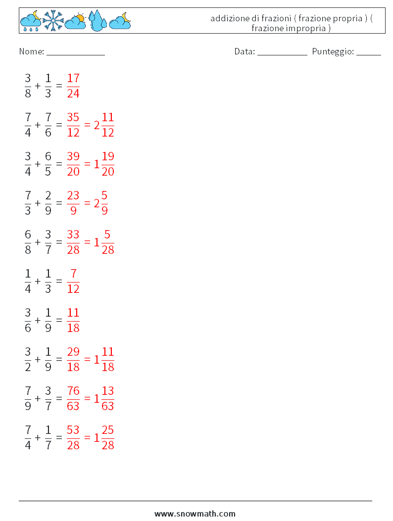 (10) addizione di frazioni ( frazione propria ) ( frazione impropria ) Fogli di lavoro di matematica 4 Domanda, Risposta