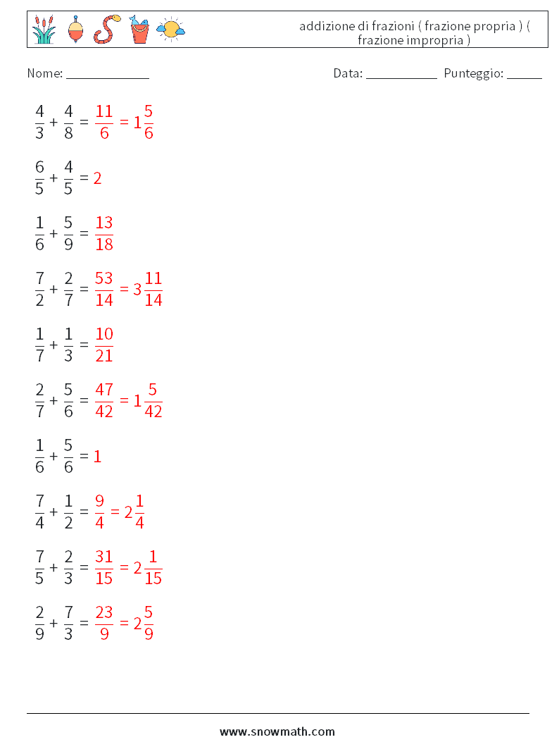 (10) addizione di frazioni ( frazione propria ) ( frazione impropria ) Fogli di lavoro di matematica 6 Domanda, Risposta