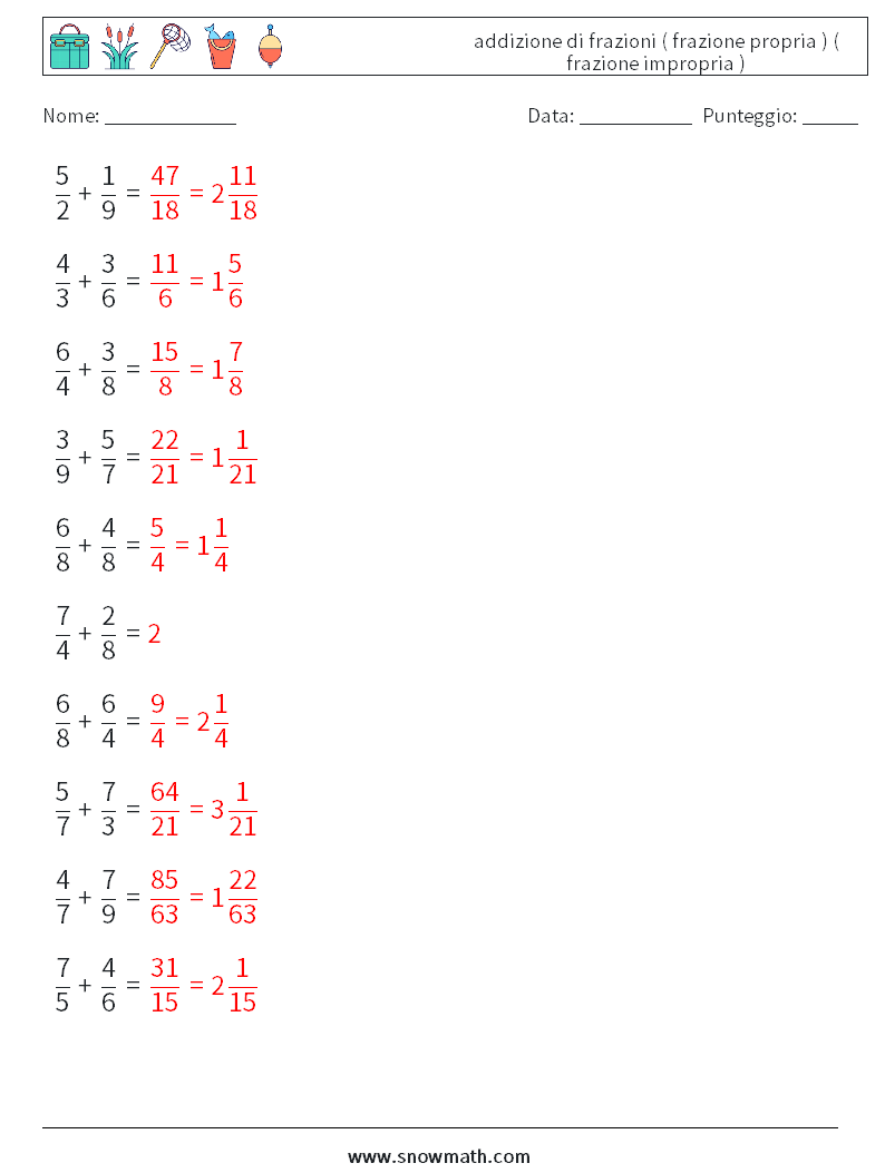 (10) addizione di frazioni ( frazione propria ) ( frazione impropria ) Fogli di lavoro di matematica 7 Domanda, Risposta