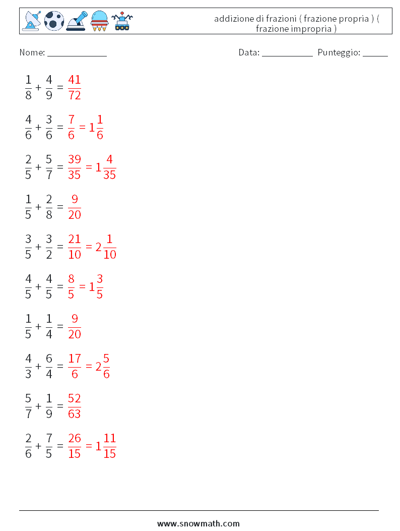 (10) addizione di frazioni ( frazione propria ) ( frazione impropria ) Fogli di lavoro di matematica 8 Domanda, Risposta