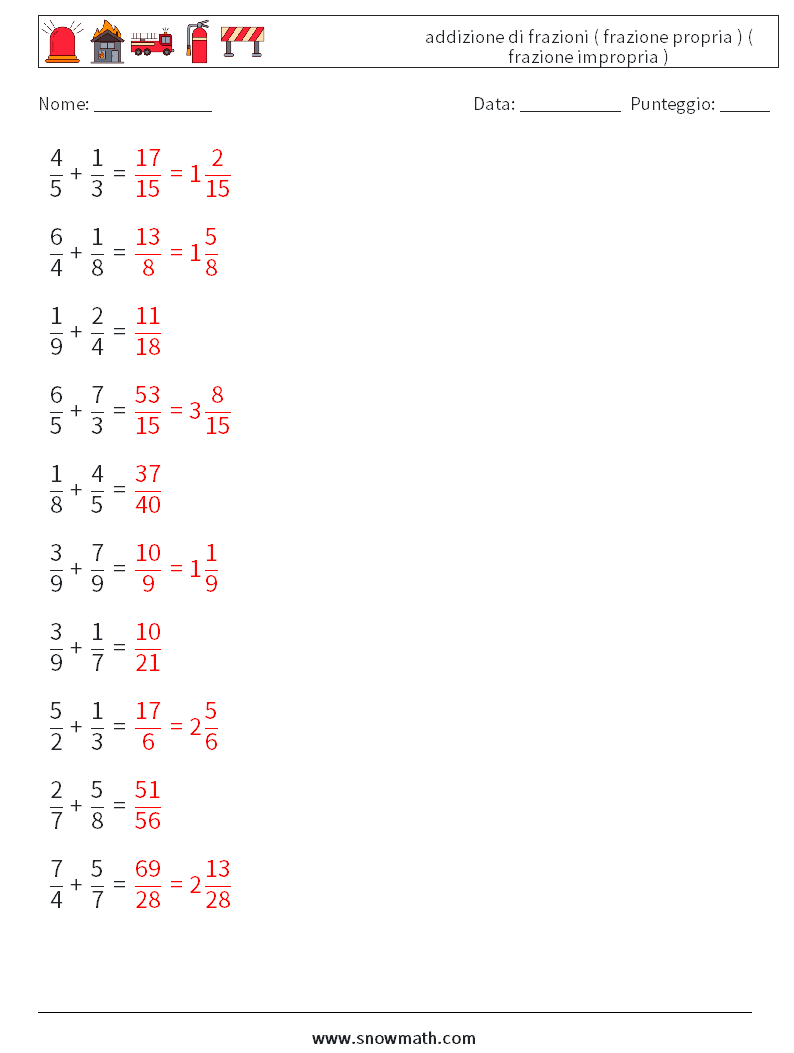 (10) addizione di frazioni ( frazione propria ) ( frazione impropria ) Fogli di lavoro di matematica 9 Domanda, Risposta