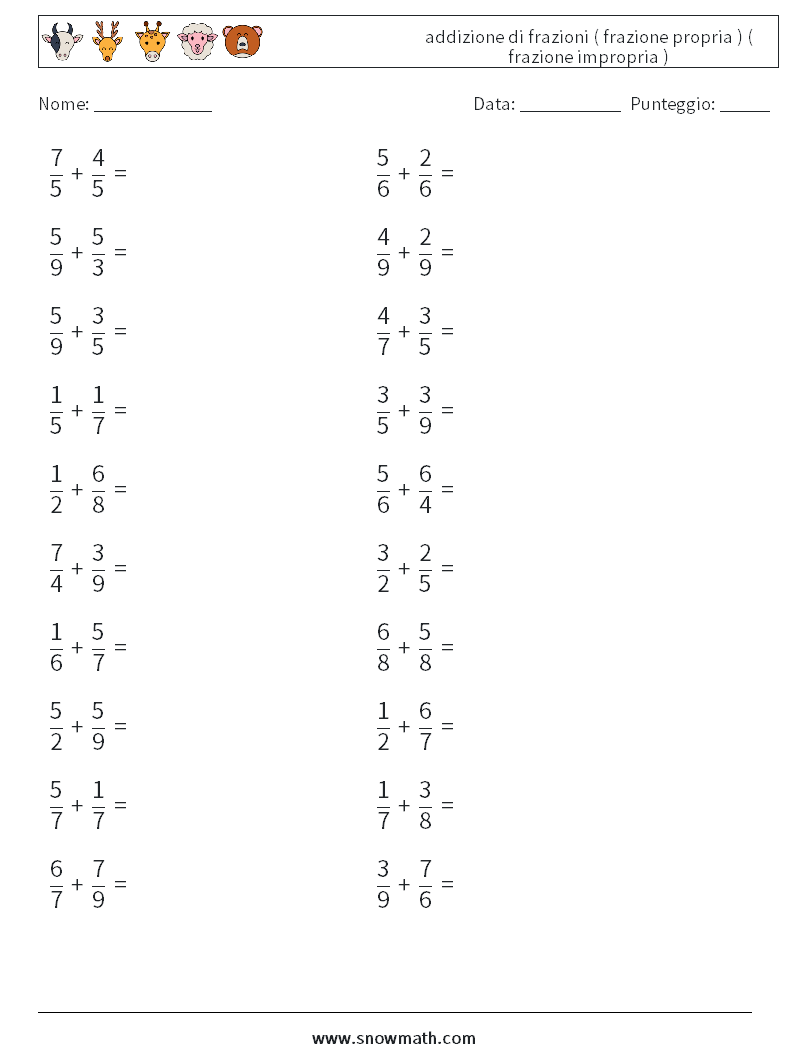 (20) addizione di frazioni ( frazione propria ) ( frazione impropria ) Fogli di lavoro di matematica 10