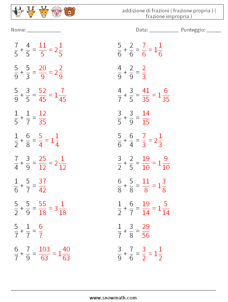 (20) addizione di frazioni ( frazione propria ) ( frazione impropria ) Fogli di lavoro di matematica 10 Domanda, Risposta