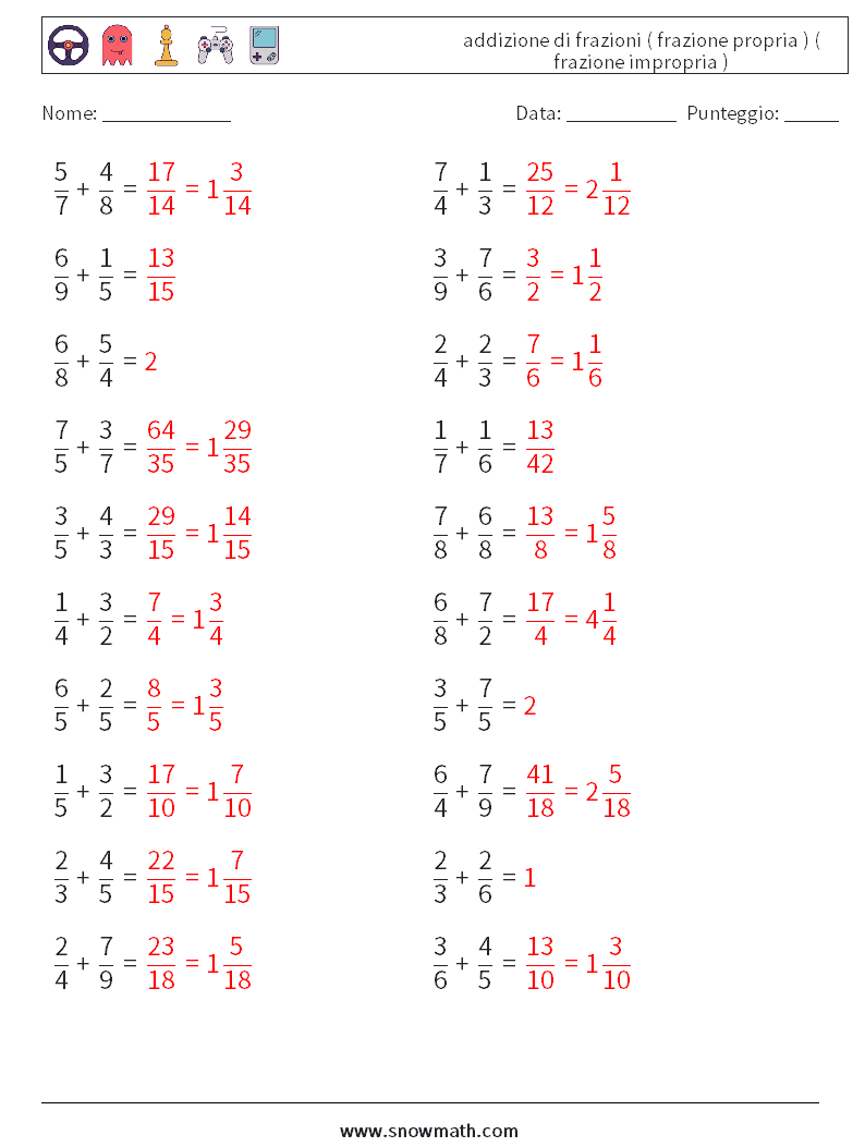 (20) addizione di frazioni ( frazione propria ) ( frazione impropria ) Fogli di lavoro di matematica 11 Domanda, Risposta